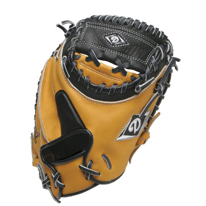 The Diamond C325 32.5" Baseball Catcher's Mitt (DCM-C325) by Diamond features tan tanned leather, black lacing, and white stitching, shown at an angle to highlight its pocket, thumb area, and open-back design.