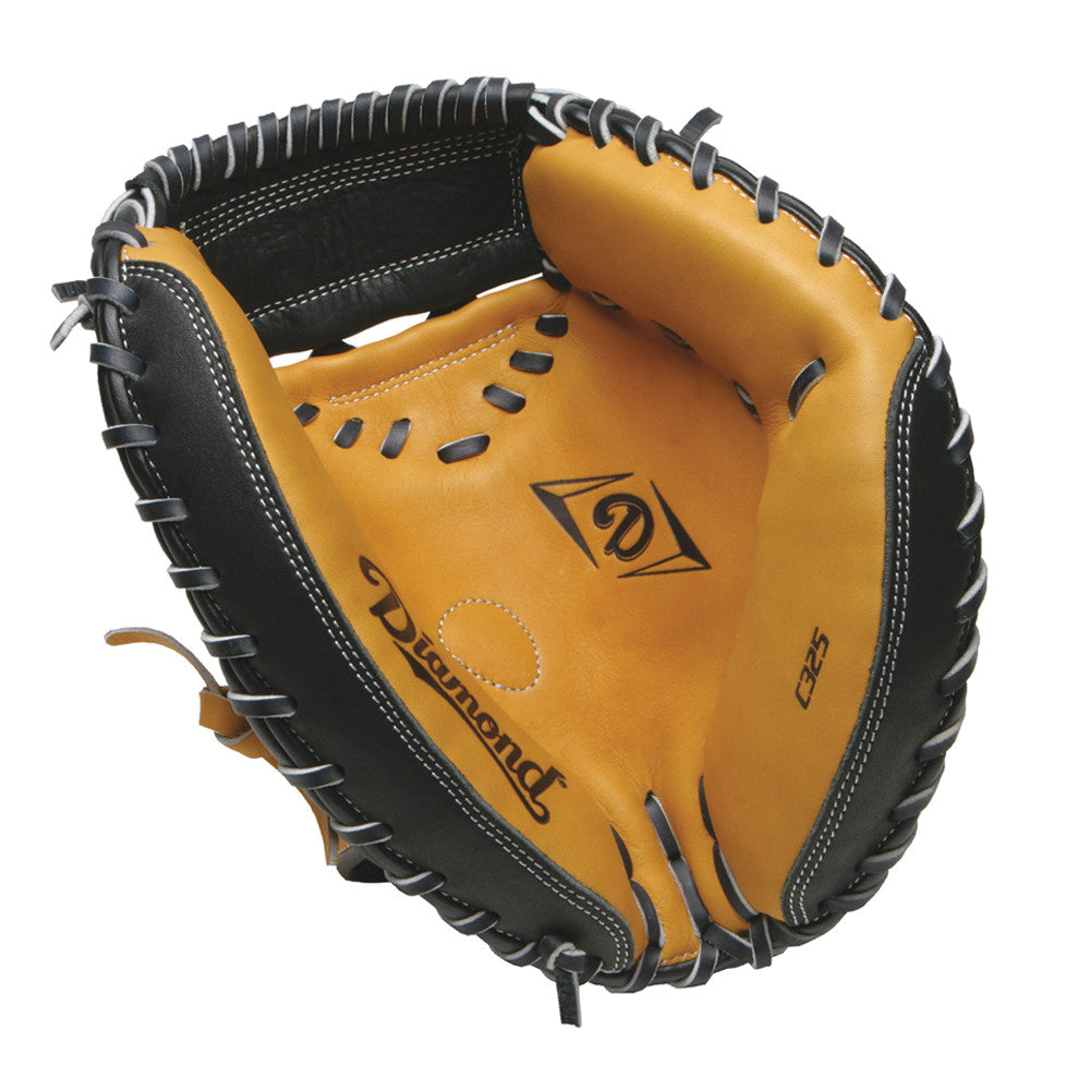 A close-up of the Diamond C325 32.5" tan and black leather baseball catcher's mitt (model DCM-C325) with black lacing and open-back styling, featuring the Diamond brand name printed inside.