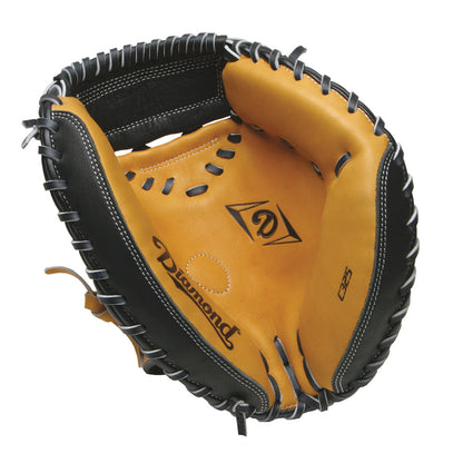 A close-up of the Diamond C325 32.5" tan and black leather baseball catcher's mitt (model DCM-C325) with black lacing and open-back styling, featuring the Diamond brand name printed inside.