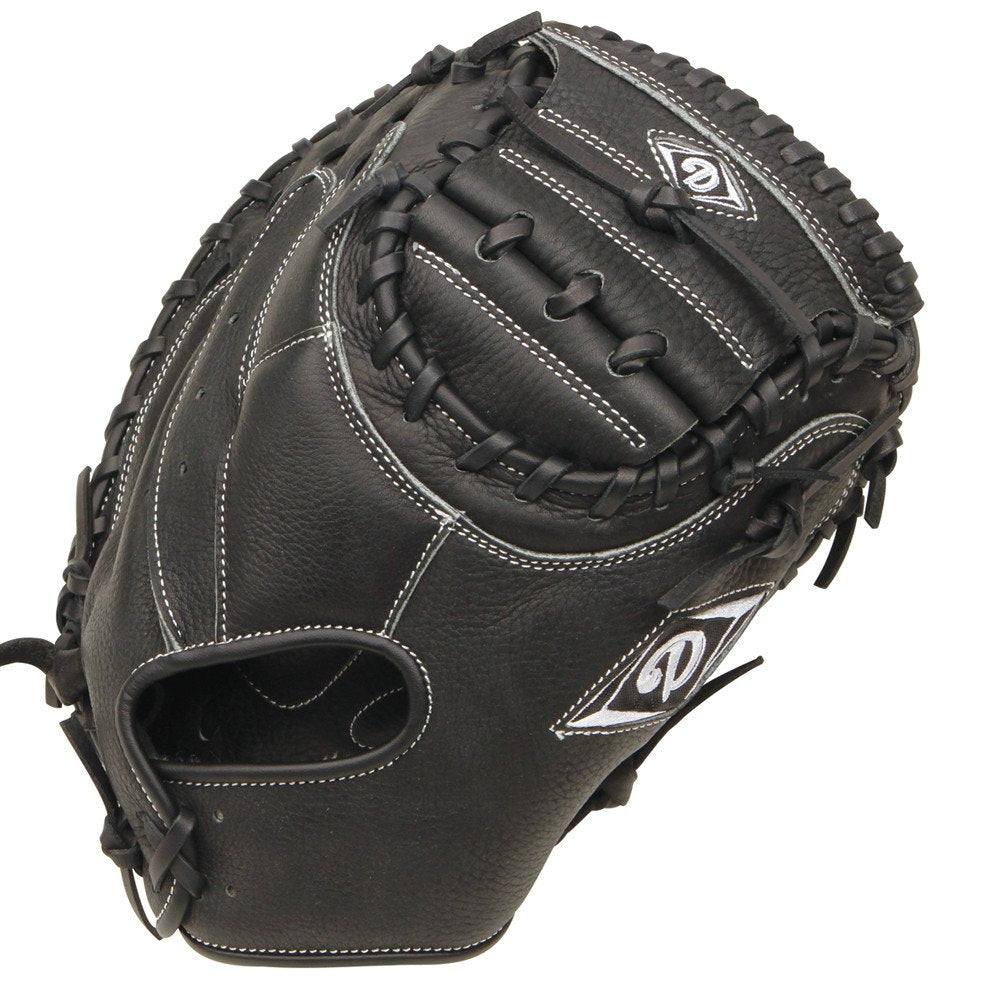 The Diamond C330 33" Baseball Catcher's Mitt (DCM-C330) by Diamond features premium black cowhide leather, white stitching, a two-piece web, and a webbed pocket. Displayed from an angled top view.