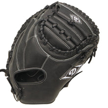 The Diamond C330 33" Baseball Catcher's Mitt (DCM-C330) by Diamond features premium black cowhide leather, white stitching, a two-piece web, and a webbed pocket. Displayed from an angled top view.