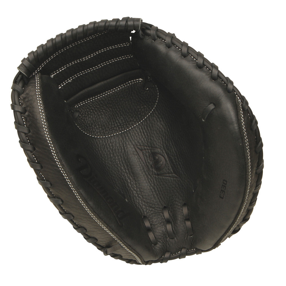 The Diamond C330 33" Baseball Catcher's Mitt (DCM-C330) by Diamond is shown from above, palm up. This black mitt is crafted from premium cowhide leather with visible stitching and laces.