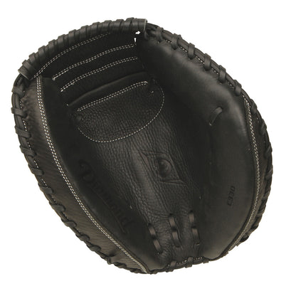 The Diamond C330 33" Baseball Catcher's Mitt (DCM-C330) by Diamond is shown from above, palm up. This black mitt is crafted from premium cowhide leather with visible stitching and laces.
