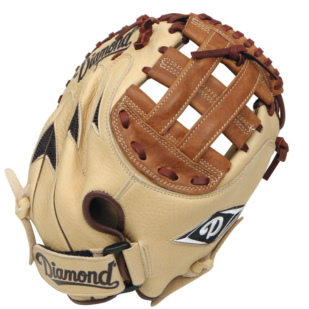 The Diamond F315 31.5" Fastpitch Catcher's Mitt (DCM-F315) features tan and brown game ready leather, a double post H-web, woven pocket, visible stitching, and black and white Diamond logos.