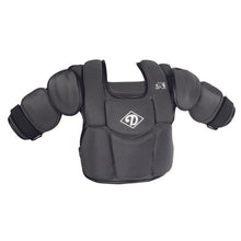 The Diamond iX3 Umpire Chest Protector (DCP-iX3 UMP) by Diamond features black padded protection, adjustable arm pads, segmented shoulder coverage, and a central chest logo—ideal for umpires seeking comfort and safety.