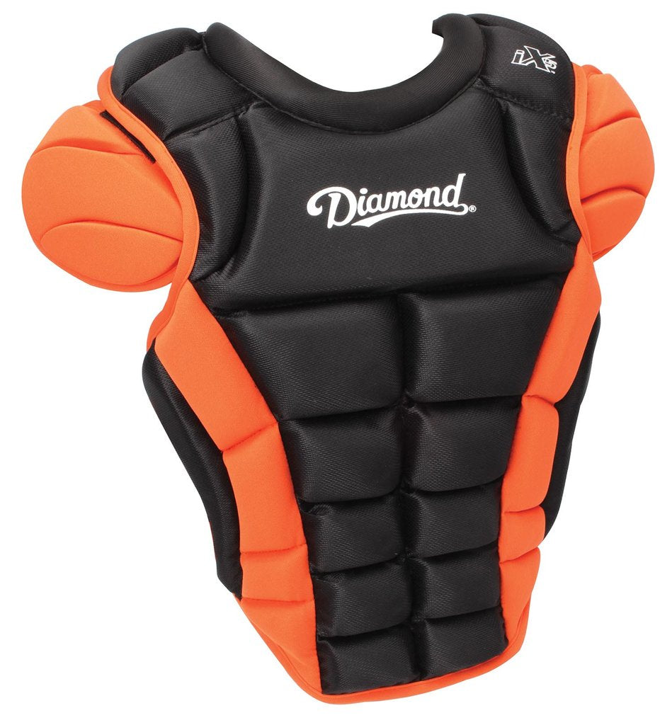 The Diamond iX5 Series Catcher's Chest Protector (DCP-IX5, discontinued) by Diamond features black and orange design, iX5 padding, padded shoulders, segmented front padding, and an adjustable harness for baseball or softball.