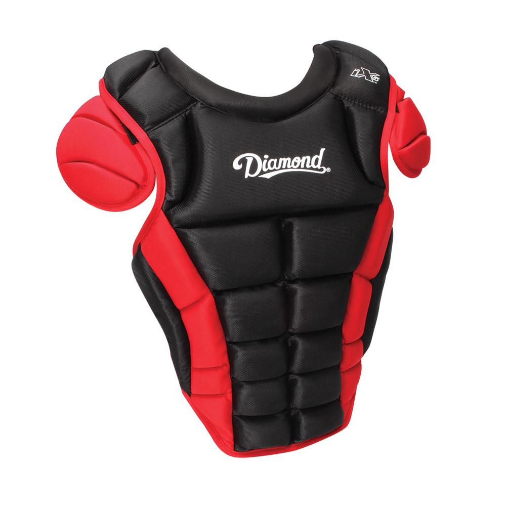 The Diamond iX5 Series Catcher's Chest Protector (DCP-IX5) features black and red padding, padded shoulders, an adjustable harness, and "Diamond" printed on the front.