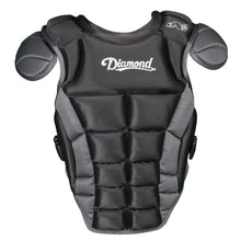 The Diamond iX5 Series Catcher's Chest Protector (DCP-IX5) features iX5 padding, shoulder guards, a black and gray design, a white Diamond logo on the chest, and an adjustable harness for a secure fit.