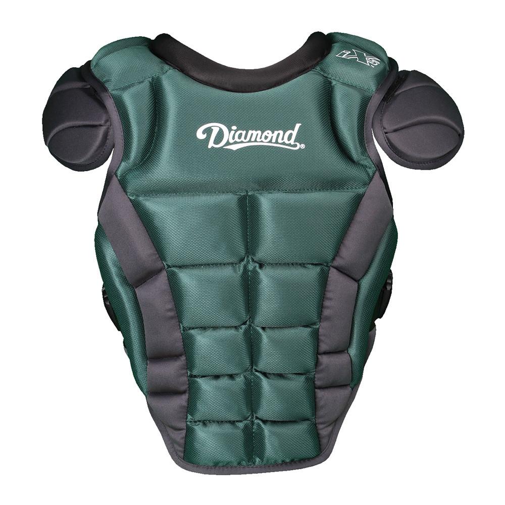 The Diamond iX5 Series Catcher's Chest Protector (DCP-IX5) features green and black colors, iX5 padding, shoulder pads, and an adjustable harness for a secure, comfortable fit. Designed for baseball or softball catchers.