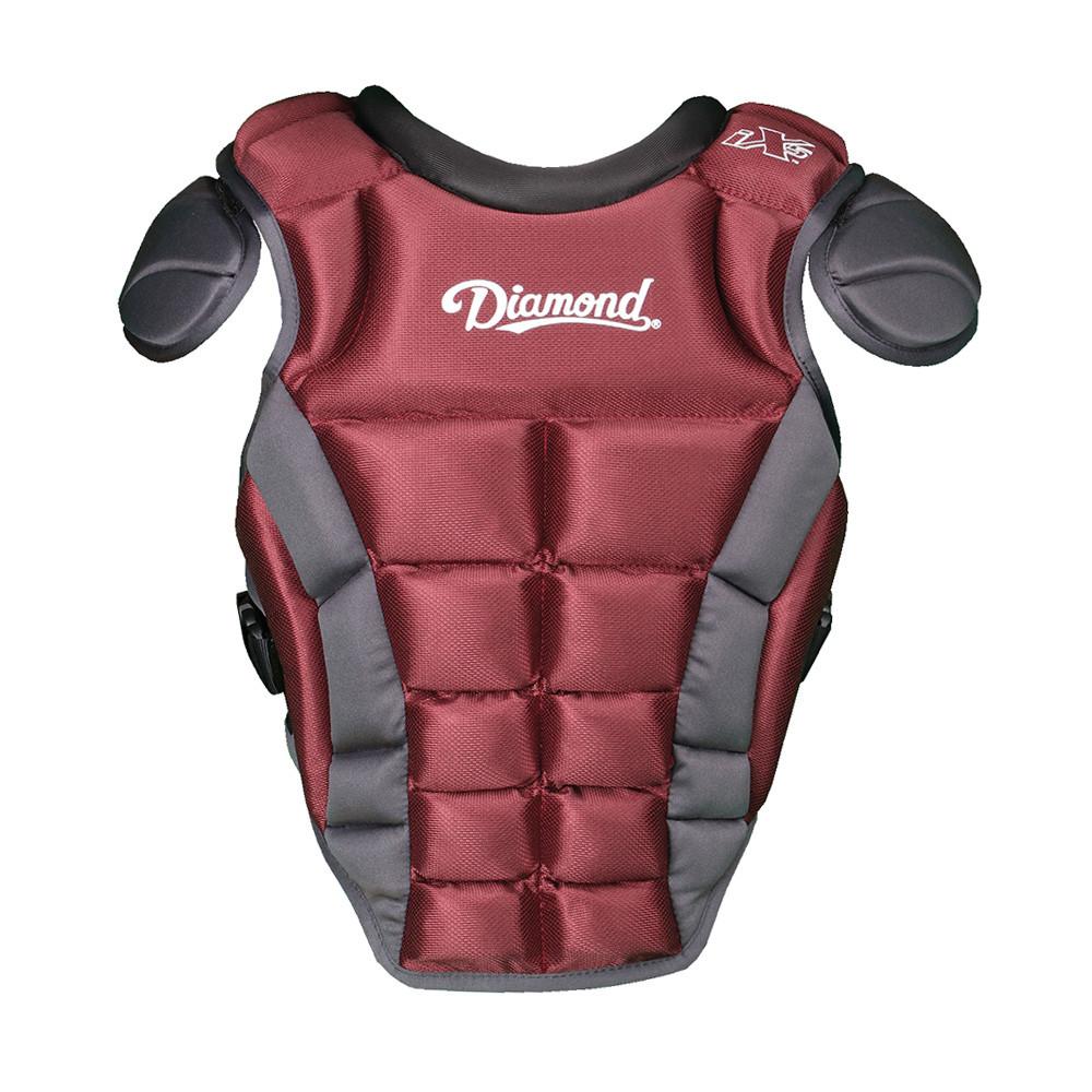 The Diamond iX5 Series Catcher's Chest Protector: DCP-IX5 (Discontinued) is a maroon and gray padded chest protector with iX5 padding, shoulder guards, and "Diamond" printed in white across the chest.