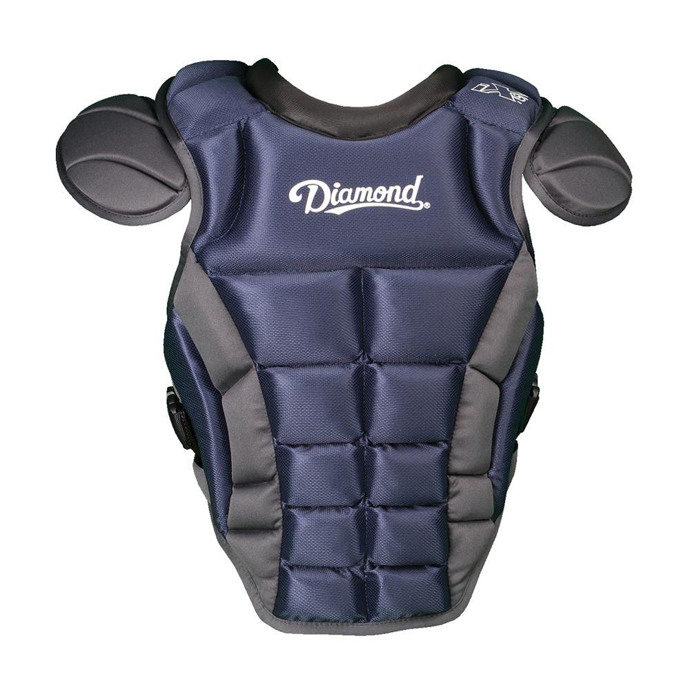 The Diamond iX5 Series Catcher's Chest Protector (DCP-IX5) by Diamond features navy blue iX5 padding, padded sections, shoulder guards, and an adjustable harness for catchers. Discontinued model. Shown on a white background.