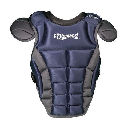 The Diamond iX5 Series Catcher's Chest Protector (DCP-IX5) by Diamond features navy blue iX5 padding, padded sections, shoulder guards, and an adjustable harness for catchers. Discontinued model. Shown on a white background.