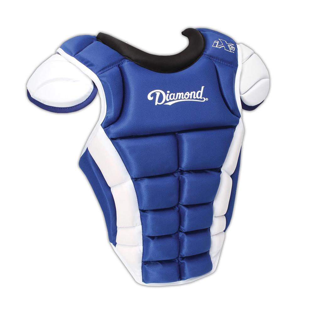 The Diamond iX5 Series Catcher's Chest Protector (DCP-IX5) features blue and white padded protection with iX5 padding, shoulder pads, an adjustable harness, and is designed for catcher safety and comfort.