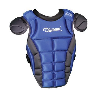The Diamond iX5 Series Catcher's Chest Protector (DCP-IX5, discontinued) is a blue and black chest protector with iX5 padding, shoulder guards, adjustable harness, and displays the Diamond brand on the front.