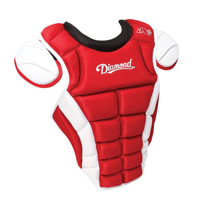 The Diamond iX5 Series Catcher's Chest Protector: DCP-IX5 (Discontinued) is a red and white chest protector with iX5 padding, shoulder pads, Diamond branding on the front, and an adjustable harness for catchers.