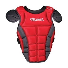 The Diamond iX5 Series Catcher's Chest Protector (DCP-IX5) features red and black padding, iX5 protection, shoulder guards, an adjustable side harness for a secure fit, and the Diamond logo in white across the chest.