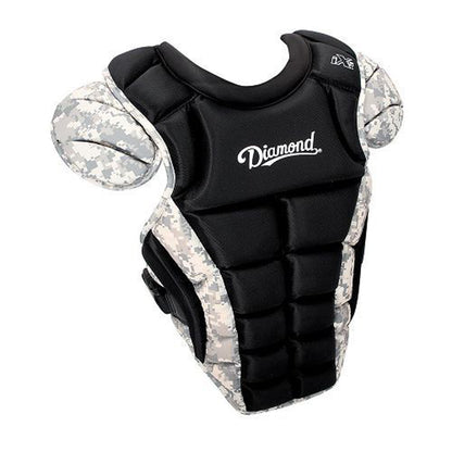The Diamond iX5 Series Catcher's Chest Protector (DCP-IX5, Discontinued) is a black and gray digital camo chest protector with iX5 padding, padded shoulder guards, adjustable harness, and a white Diamond logo on the chest.