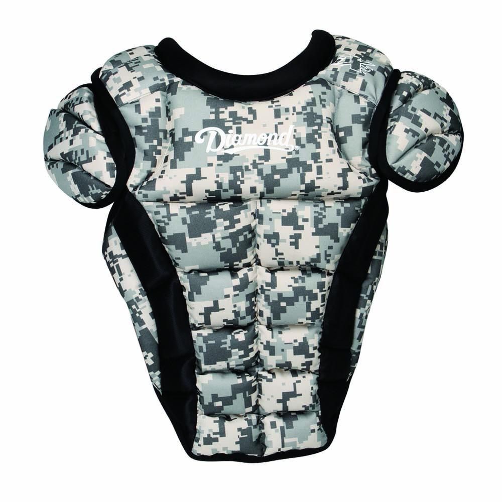 The Diamond iX5 Series Catcher's Chest Protector (DCP-IX5, Discontinued) features digital camouflage, thick iX5 padding, an adjustable harness for secure fit, and the Diamond logo in white across the chest.