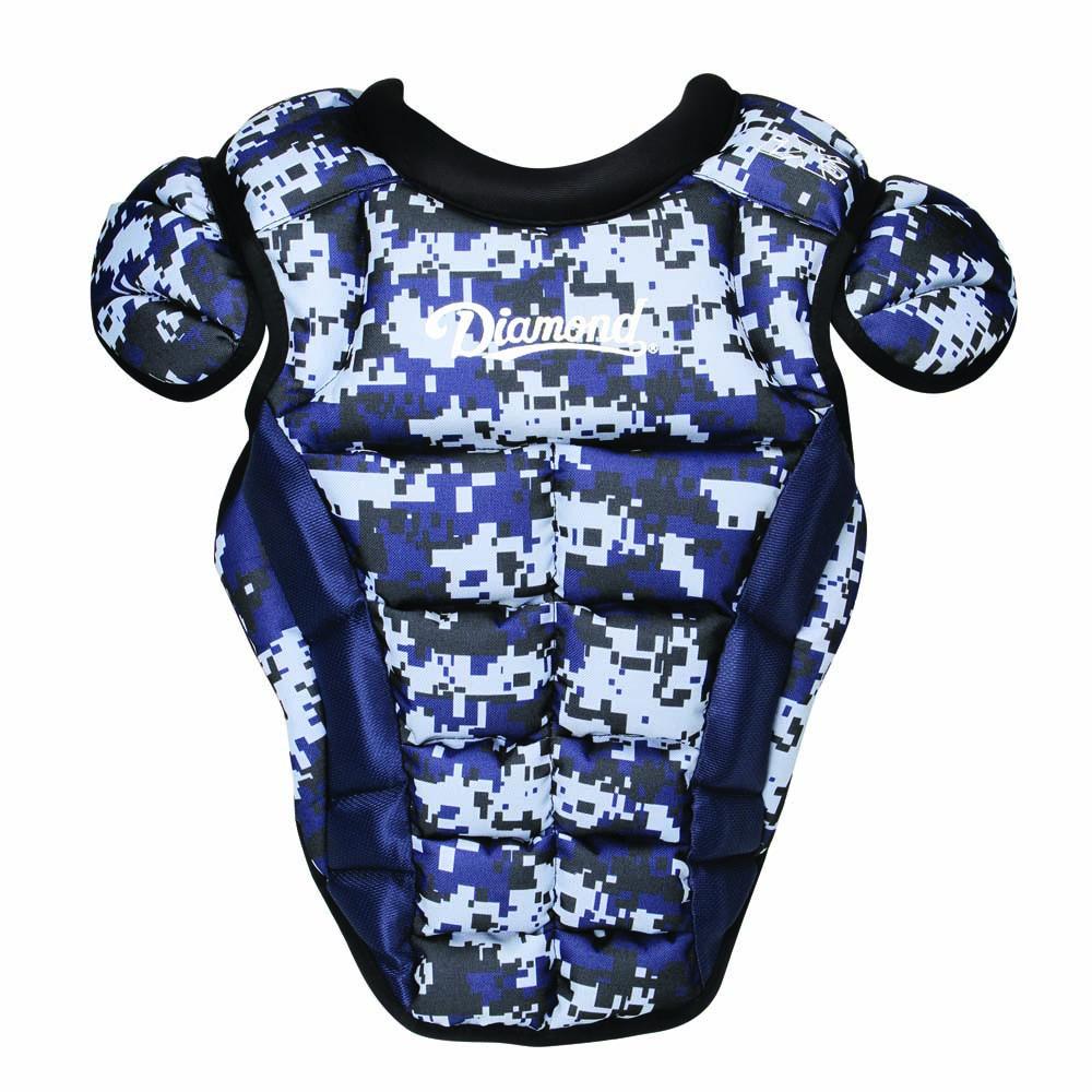 The Diamond iX5 Series Catcher's Chest Protector: DCP-IX5 features blue, black, and white digital camouflage, iX5 and shoulder padding, and "Diamond" printed in white on the chest.
