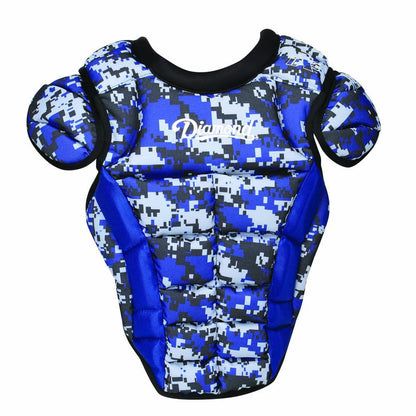 The Diamond iX5 Series DCP-IX5 Catcher's Chest Protector features a blue, black, and white digital camo design, iX5 padding, shoulder guards, an adjustable harness for custom fit, and a Diamond logo on the front.
