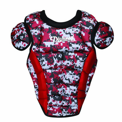 The Diamond iX5 Series DCP-IX5 Catcher's Chest Protector (discontinued) features iX5 padding, extra shoulder protection, adjustable harness, and a red/black/white/gray digital camo design with the Diamond logo on the chest.