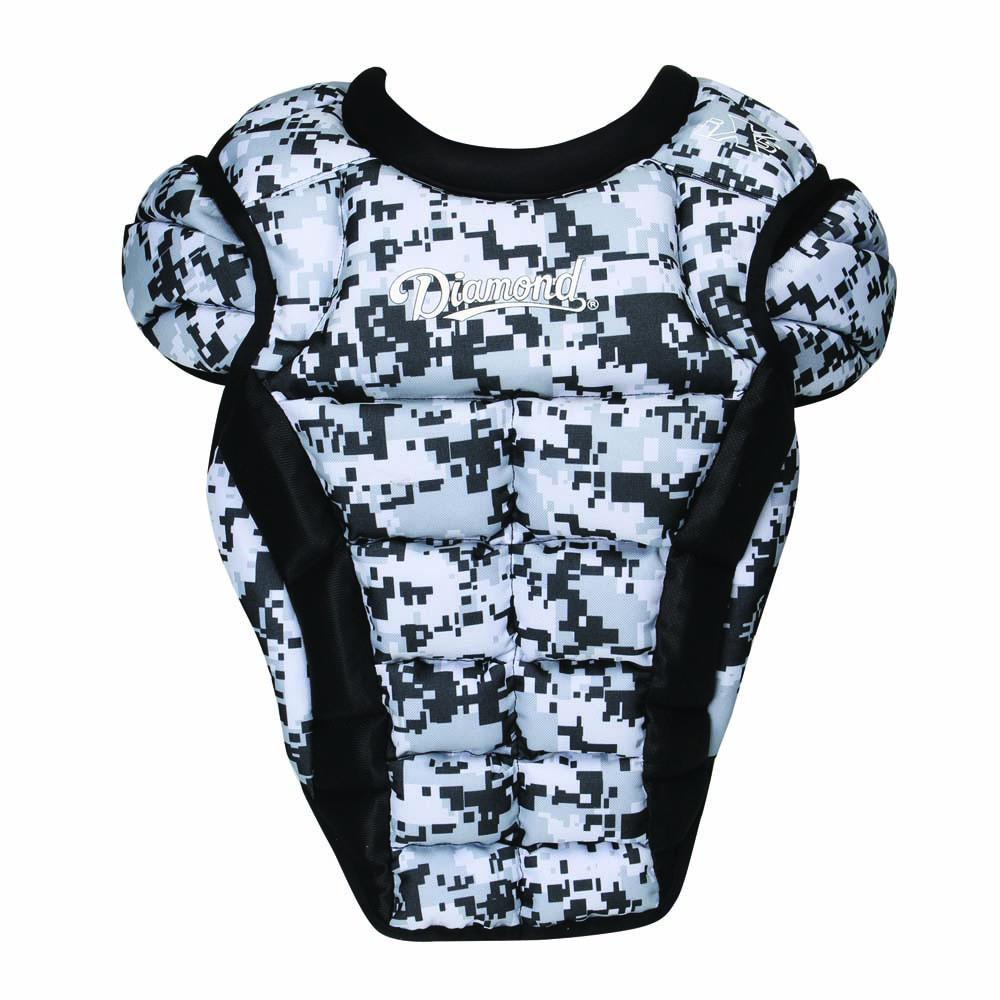 The Diamond iX5 Series Catcher's Chest Protector: DCP-IX5 features black, white, and gray digital camo, iX5 padding, an adjustable harness for a secure fit, and the Diamond logo on the chest. Discontinued model.