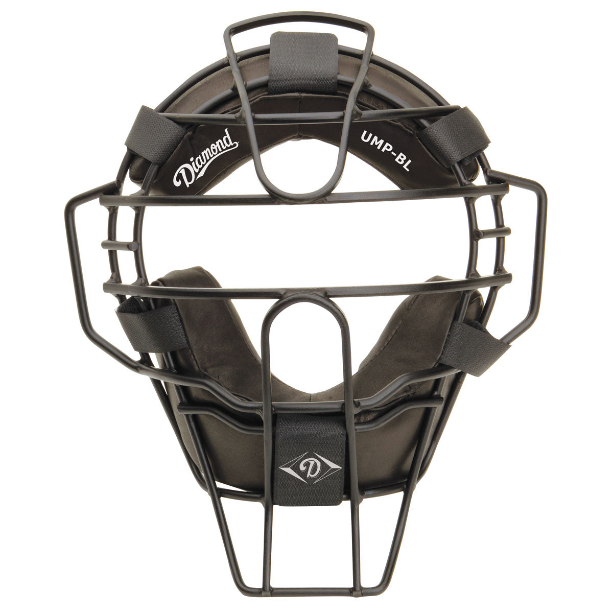The Diamond Big League Umpire Face Mask (DFM-UMP BL) is a black metal face mask with pro-style pads, adjustable straps, a single eye-bar frame, and features the Diamond brand logo on the forehead pad.