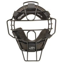 The Diamond Big League Umpire Face Mask (DFM-UMP BL) is a black metal face mask with pro-style pads, adjustable straps, a single eye-bar frame, and features the Diamond brand logo on the forehead pad.