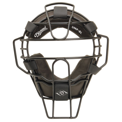 The Diamond Big League Umpire Face Mask (DFM-UMP BL) is a black metal face mask with pro-style pads, adjustable straps, a single eye-bar frame, and features the Diamond brand logo on the forehead pad.