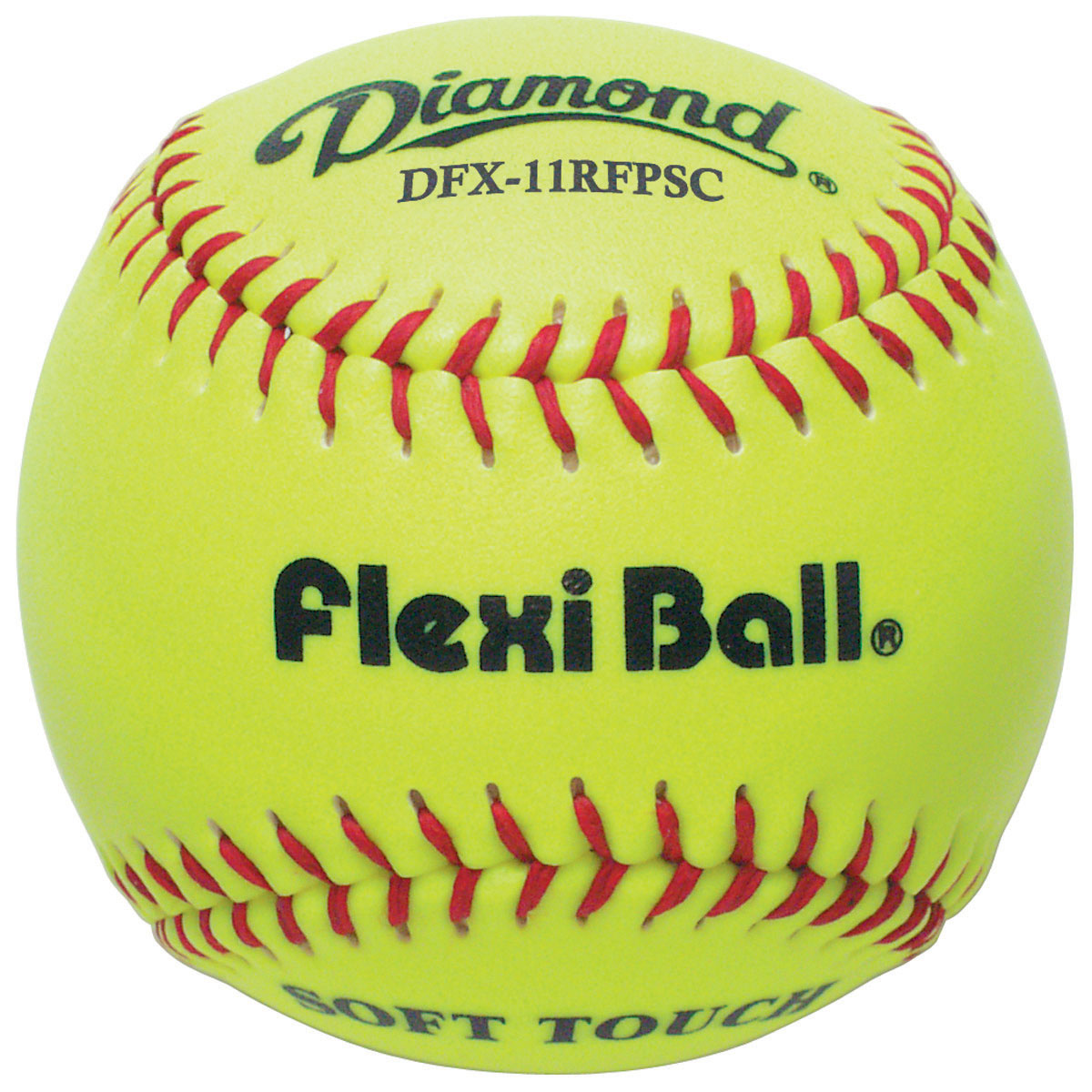 The Diamond FlexiBall 11" Synthetic Fastpitch Softball (DFX-11RFPSC) is a bright yellow softball with red raised seams and black print—ideal for practice.