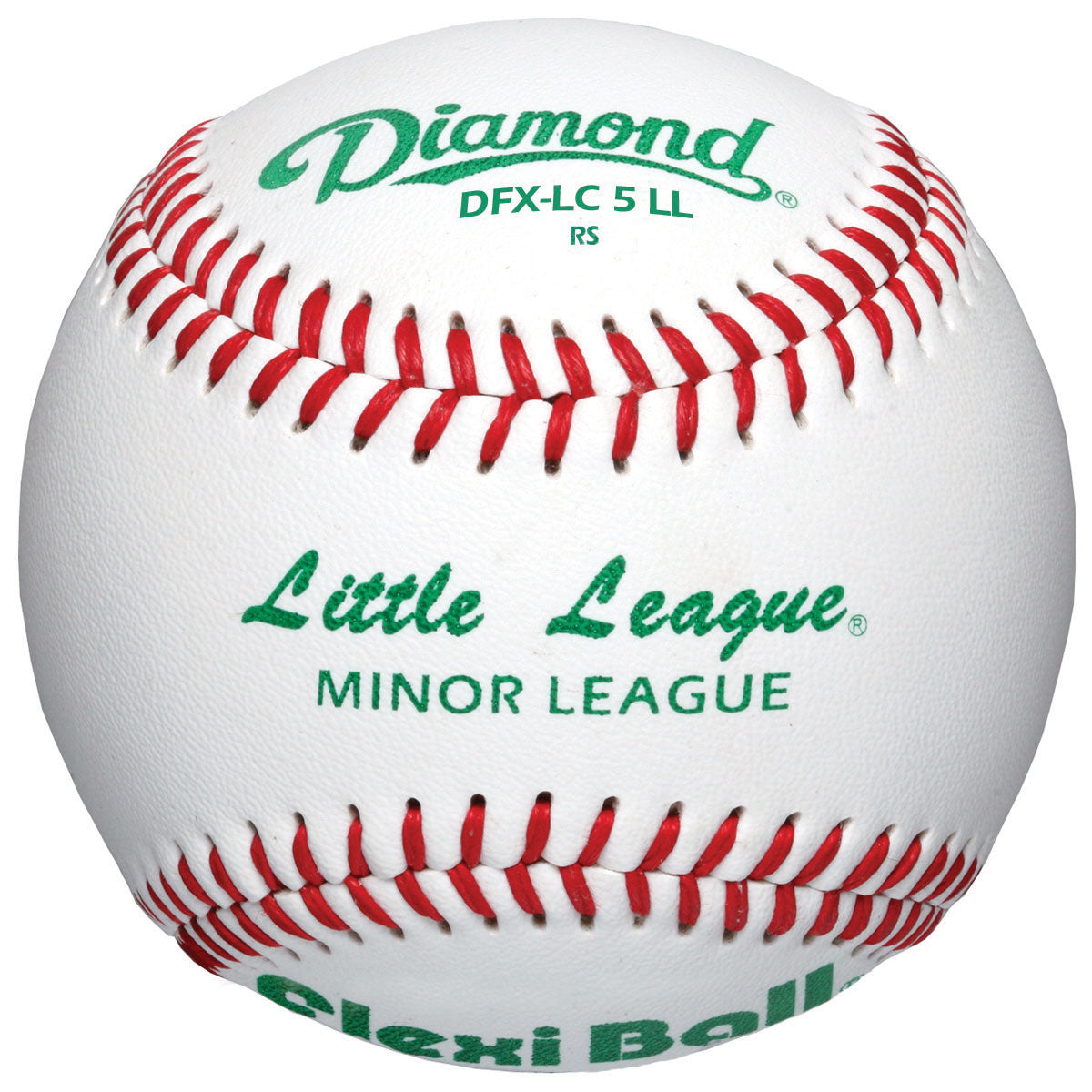 The Diamond LC5 FlexiBall Little League Baseball (DFX-LC5 LL) is a white ball with red stitching and green text, featuring a FlexiBall Core for low compression—ideal for Little League players.