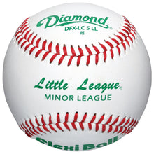 The Diamond LC5 FlexiBall Little League Baseball (DFX-LC5 LL) is a white ball with red stitching and green text, featuring a FlexiBall Core for low compression—ideal for Little League players.