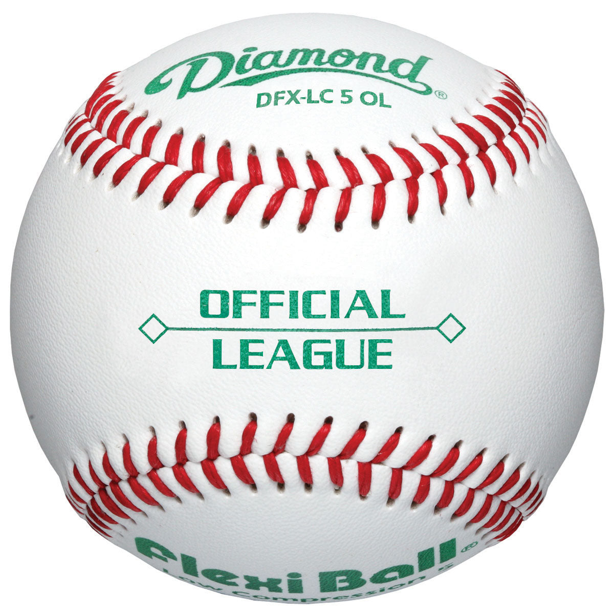 The Diamond LC5 FlexiBall Official League Baseball (DFX-LC5) by Diamond features a white cover, red stitching, green text, and a FlexiBall core for low compression performance.