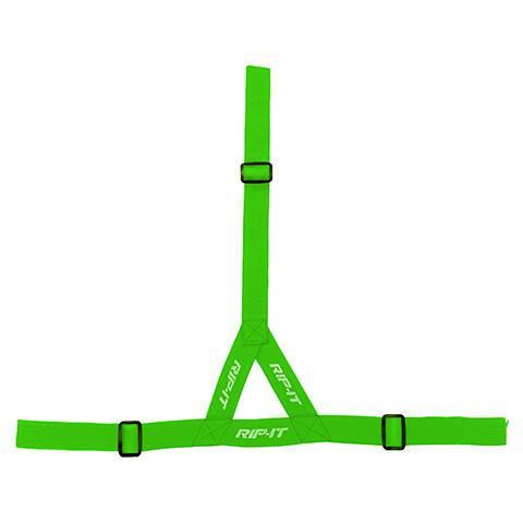 The Rip It Ponytail Strap for Defense Softball Fielder's Mask (DGSTRAP) is a bright green, adjustable nylon strap with black plastic buckles and "RIP-FIT" in white—ideal for secure, comfortable wear during play.