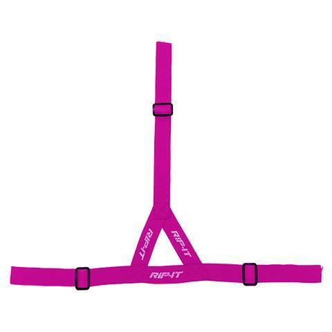 The Rip It Ponytail Strap for Defense Softball Fielder's Mask (DGSTRAP) is a bright pink, adjustable T-shaped harness with white Rip It branding—ideal for securing your mask or ponytail during softball games.