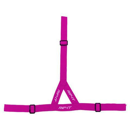 The Rip It Ponytail Strap for Defense Softball Fielder's Mask (DGSTRAP) is a bright pink, adjustable T-shaped harness with white Rip It branding—ideal for securing your mask or ponytail during softball games.
