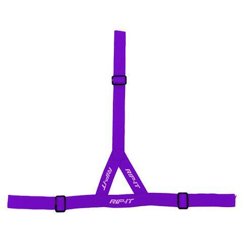 The Rip It Ponytail Strap for Defense Softball Fielder's Mask (DGSTRAP) is a purple, Y-shaped chest harness with adjustable black buckles and "RIP-IT" printed in white, designed for a secure fit and easy ponytail accommodation.