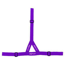 The Rip It Ponytail Strap for Defense Softball Fielder's Mask (DGSTRAP) is a purple, Y-shaped chest harness with adjustable black buckles and "RIP-IT" printed in white, designed for a secure fit and easy ponytail accommodation.