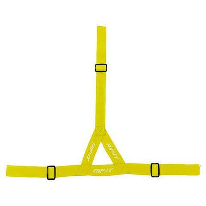 The Rip It Ponytail Strap for Defense Softball Fielder's Mask (DGSTRAP) has a bright yellow, adjustable design with three straps and black buckles, featuring the Rip It logo—perfect for adding style and security to your mask or ponytail.