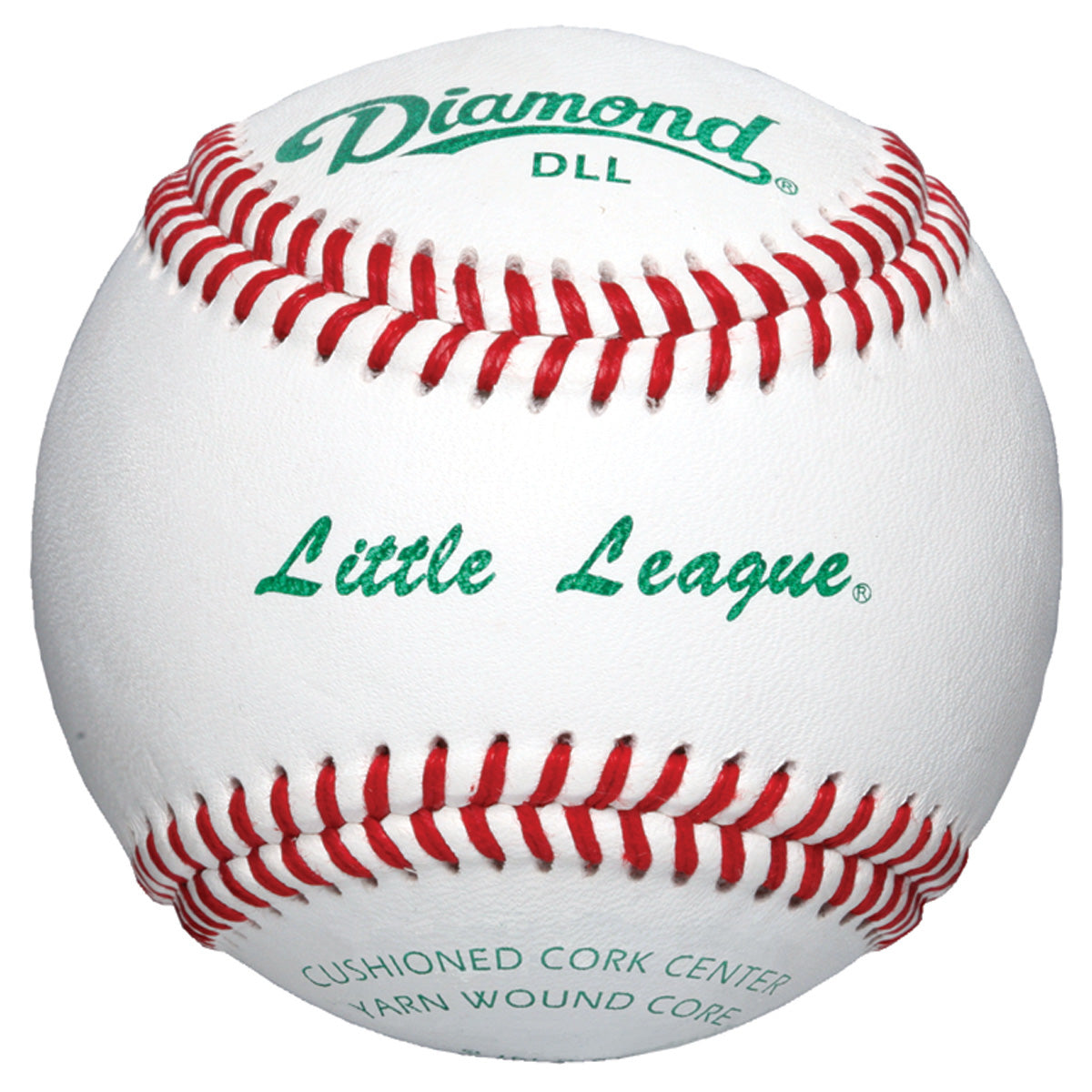 The Diamond DLL Little League Tournament Baseball by Diamond features a premium white leather cover, red stitching, and green print of "Diamond DLL," "Little League," "Cushioned Cork Center," and "Yarn Wound Core.