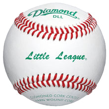 The Diamond DLL Little League Tournament Baseball by Diamond features a premium white leather cover, red stitching, and green print of "Diamond DLL," "Little League," "Cushioned Cork Center," and "Yarn Wound Core.