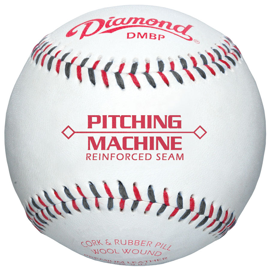 The Diamond Machine Batting Practice Baseballs: DMBP by Diamond feature white full-grain leather, red stitching, and printed logos—designed for pitching machines with a reinforced seam and a cork & rubber core.