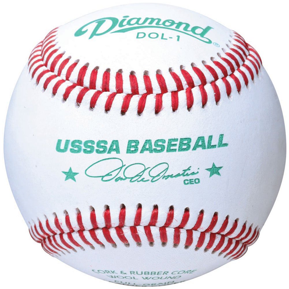 The Diamond DOL-1 USSSA Baseball by Diamond is a white premium leather ball with red stitching, featuring green "USSSA Baseball" text, a signature, and the title "CEO.