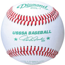 The Diamond DOL-1 USSSA Baseball by Diamond is a white premium leather ball with red stitching, featuring green "USSSA Baseball" text, a signature, and the title "CEO.