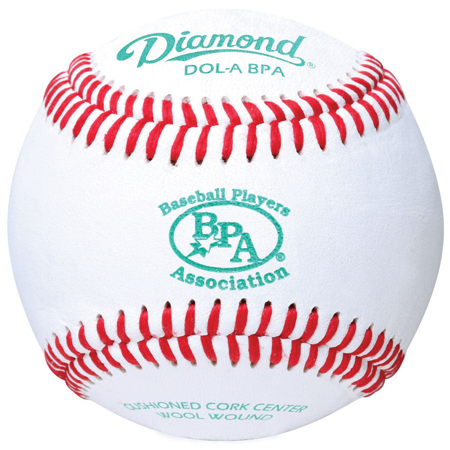 A close-up of the Diamond DOL-A BPA NFHS Baseball shows its premium white leather with red stitching, green Diamond and BPA logos, and seam text—perfect for high school games.