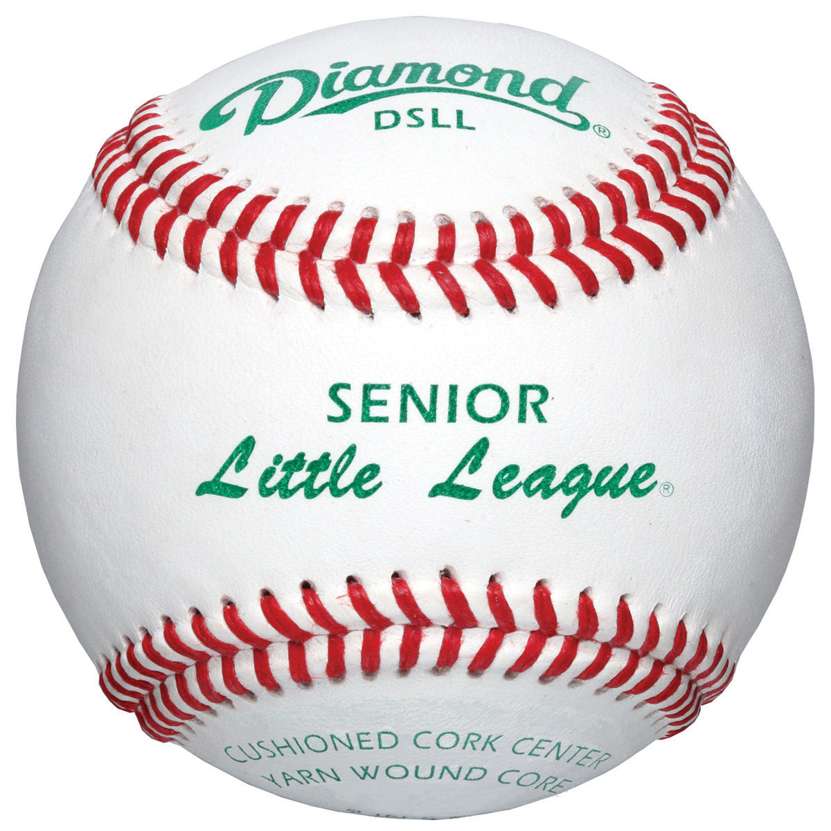 A close-up of a Diamond DSLL Senior Little League Tournament Baseball, featuring red Diamond Seam stitching, SENIOR Little League in green text, and details like Cushioned Cork Center and Yarn Wound Core.