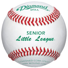 A close-up of a Diamond DSLL Senior Little League Tournament Baseball, featuring red Diamond Seam stitching, SENIOR Little League in green text, and details like Cushioned Cork Center and Yarn Wound Core.