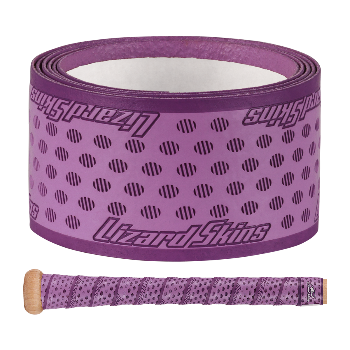 The Lizard Skins DSP Ultra Solid 1.1mm Bat Grip in purple, featuring black diagonal lines and the Lizard Skins logo, is shown both rolled up and wrapped around a bat handle.