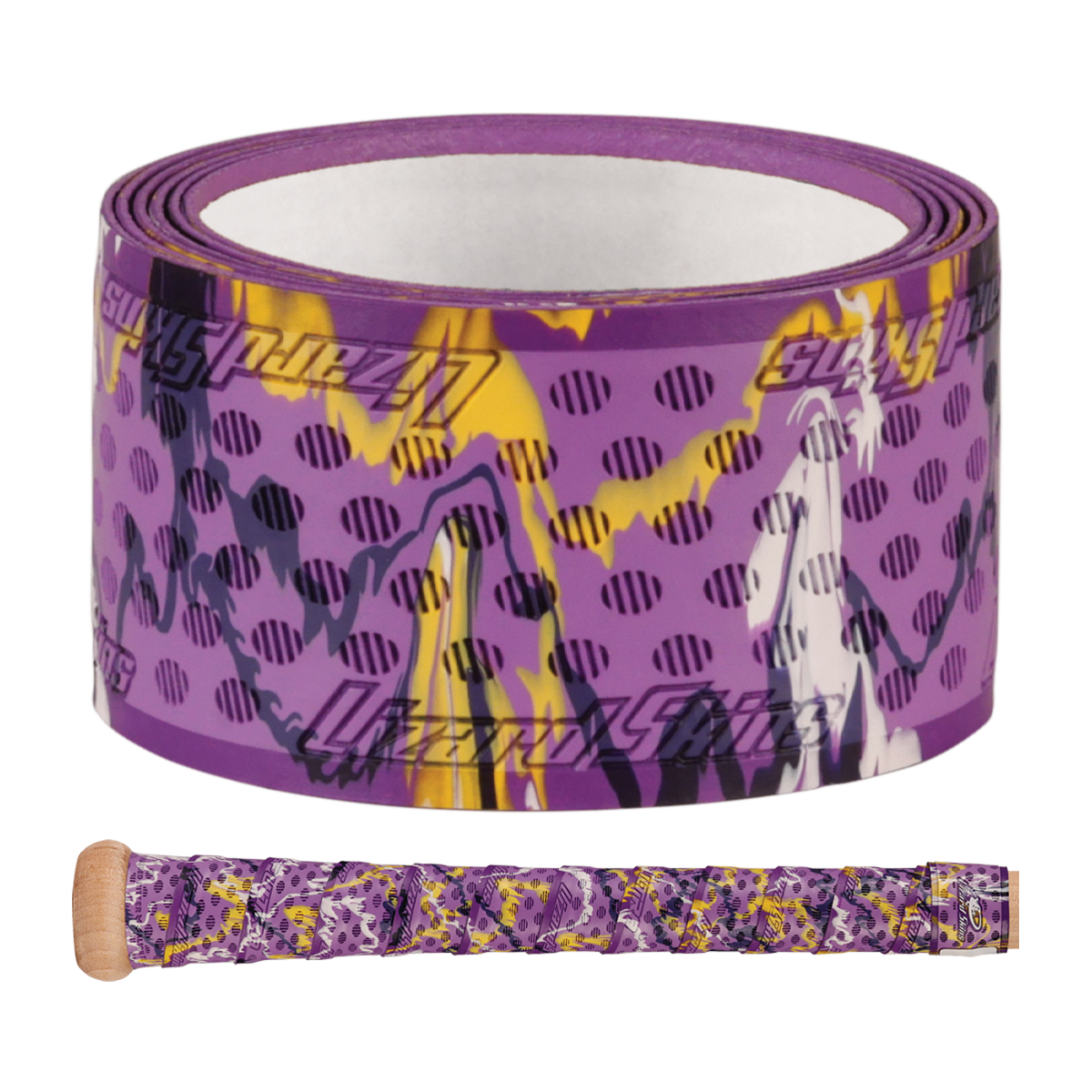 The Lizard Skins DSP Ultra Camo 1.1mm Bat Grip features a purple camo design with black, yellow, and white abstract patterns, shown unrolled and wrapped around a bat handle.