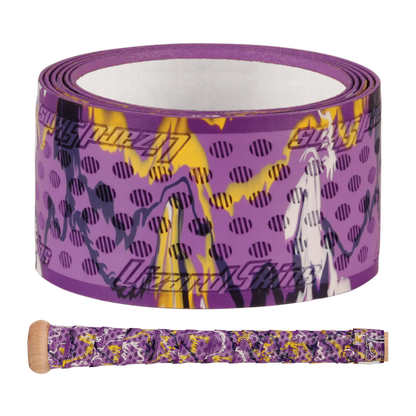 The Lizard Skins DSP Ultra Camo 1.1mm Bat Grip features a purple camo design with black, yellow, and white abstract patterns, shown unrolled and wrapped around a bat handle.